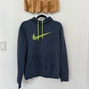 Nike Men's Dark Blue Hoodie with Neon Yellow Swoosh Logo, Size Medium